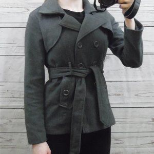 Ambiance Grey Pea Coat Double Breasted Tie Waist